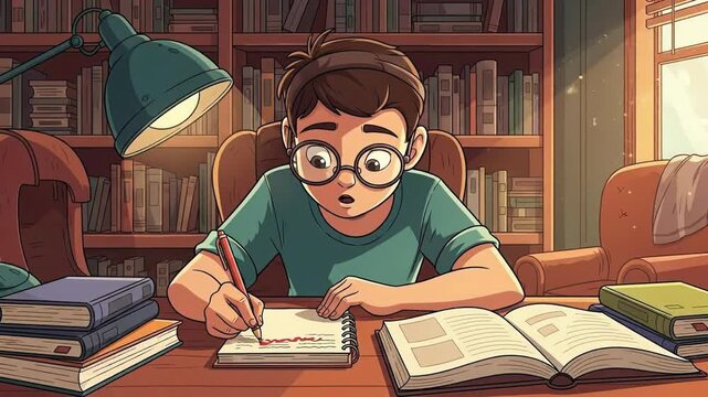 Young student focused on homework at a cozy desk surrounded by books and warm lighting.