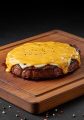 A perfectly grilled ribeye steak topped with a generous layer of melted cheddar and provolone cheese, served on a wooden board, juicy, hot, provolone