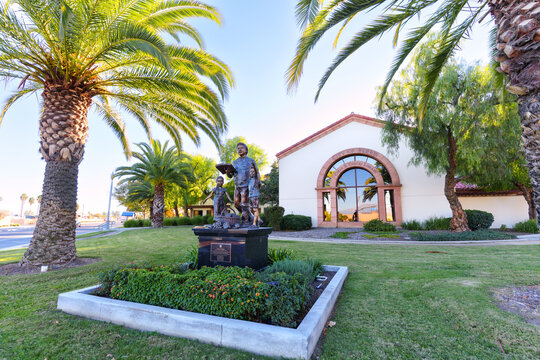 Perris, California - December 6, 2025: Cesar E. Chavez Library and Statue Monument in Perris, California