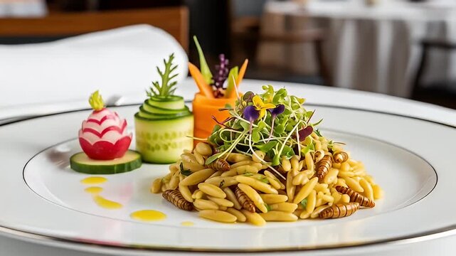 Elegant plated dish with pasta, greens, root vegetables, and edible insects