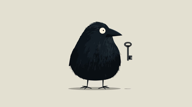 A cartoon crow stares at a key next to it on a light background