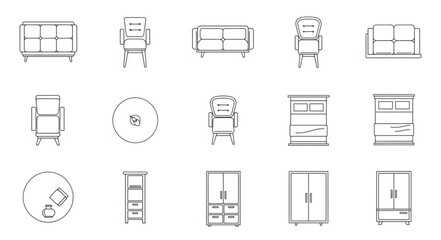 Collection of Hand Drawn Furniture Icons Vector Set.