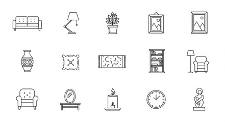 Collection of hand drawn interior design elements and furniture sketches.