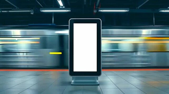 Blank white screen digital billboard standing against a moving fast speed train at subway railway station