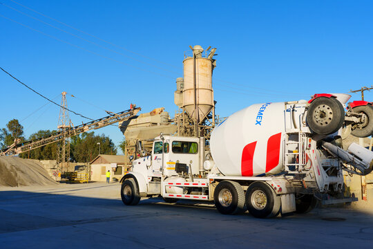 Perris, California - December 6, 2025: Cemex Concrete Mixer Truck at Batch Plant Facility in Perris, California