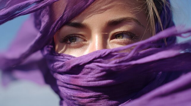 Close-up of a woman wearing a purple scarf fluttering in the wind, hope and empowerment for International Womena??s Day, 8k, realistic, full ultra HD, high resolution, cinematic photography