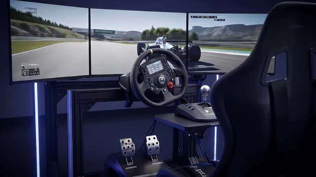 A racing simulator setup with steering wheel, pedals, and three monitors showing a race track