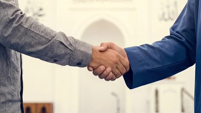 two muslim men shaking hands in the mosque