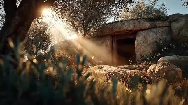 Sunlight illuminates ancient stone tomb entrance