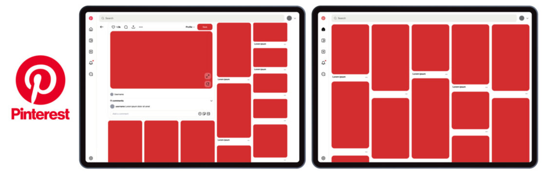 Mockup of the Pinterest application user interface displayed on an iPad tablet screen.