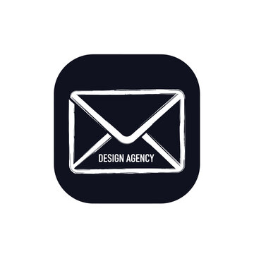 An envelope icon with "Design Agency" text, in a rounded rectangle on a black background