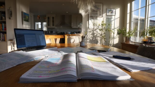 Sunlit home study workspace with open textbook, laptop and handwritten notes for education design, poster and background