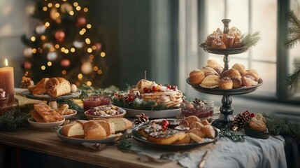 A beautifully laid out New Year's Day brunch table filled with festive dishes and joyful decor, set in a cozy dining room with soft ambient light.