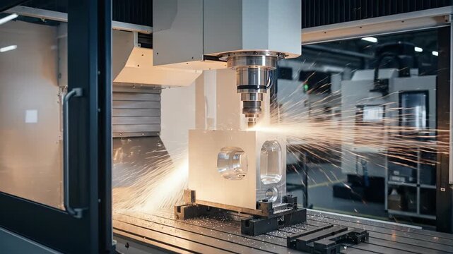 Industrial metalworking milling with sparks on a CNC machine in a workshop.