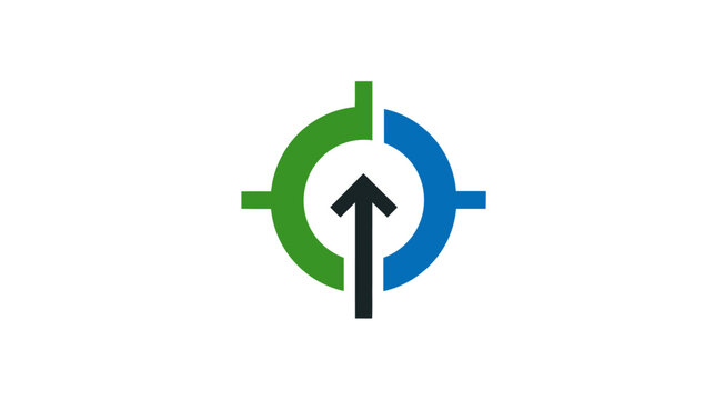 A graphic featuring a target-like circle split in two colors, with an arrow pointing upwards