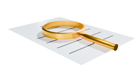 Gold magnifying glass scanning a document in a transparent background