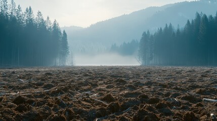 Cleared Agricultural Land Against Misty Forested Mountains Showcasing Deforestation Impact
