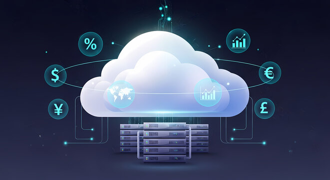 A sleek digital illustration depicts cloud computing seamlessly connecting global financial data and markets to secure server racks in a dark, futuristic digital environment.