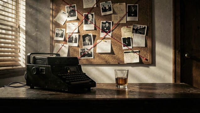 Noir detective office background with corkboard and red string for true crime podcasters.