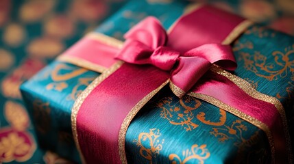 Elegant Christmas gifts with luxurious teal and gold wrapping paper adorned with a deep pink satin ribbon bow.