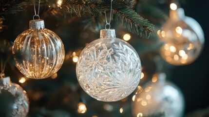 Elegant clear glass Christmas ornament with intricate designs hanging on a festive tree