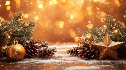 Festive Christmas Eve with Snow Covered Pinecones and Twinkling Lights