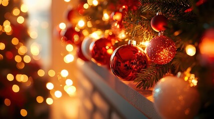 Festive Christmas Ornaments Adorning a Mantelpiece with Twinkling Lights and Cozy Ambiance