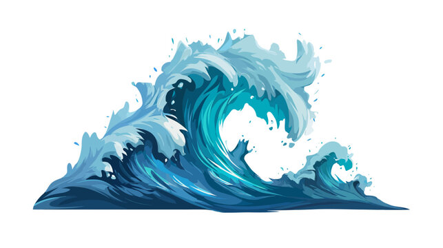 A stylized illustration depicting a large ocean wave cresting with vibrant shades of blue