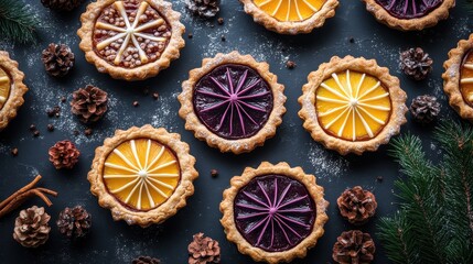 Fototapeta premium Beautifully Decorated Fruit Tarts and Pies Arranged Artfully on a Dark Surface.