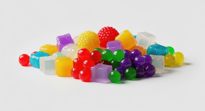 A vibrant collection of colorful tapioca pearls, popping fruit spheres, and jelly cubes representing the diverse toppings used in modern sweet beverages, macro, pattern, pearls