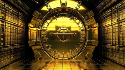 Gleaming Golden Vault Door with Reflective Surface and Secure Locking Mechanism