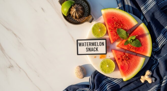 Spiced Watermelon Snack with Lime on Indigo Masi and White Marble with Copy Space