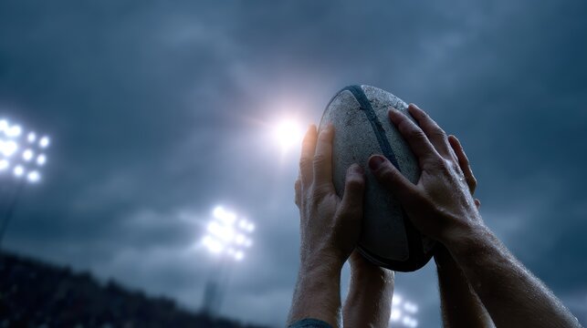 athletic photography, a stirring rugby lineout with a player leaping against a dramatic sky is captured in professional sports