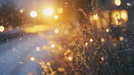Golden evening sunlight illuminates delicate winter branches and falling snow, creating a magical atmospheric bokeh effect
