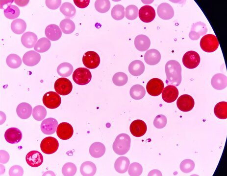 High-magnification hematology micrograph of a stained peripheral blood smear showing red blood cells and multiple types of white blood cells for clinical diagnostics, pathology, and medical education