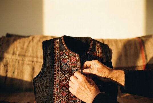 Elderly person's hands buttoning a traditional, intricately embroidered black vest in warm sunlight.