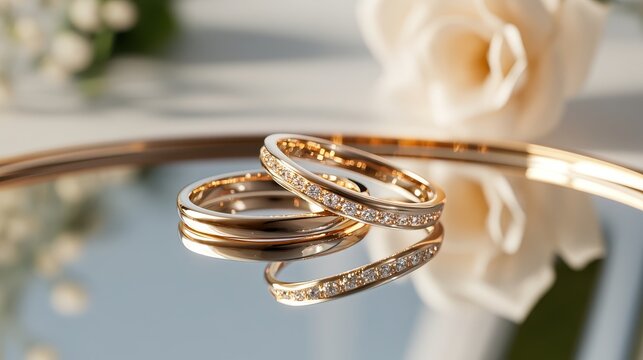 Elegant gold diamond rings displayed on a mirrored surface with soft lighting and a clean background