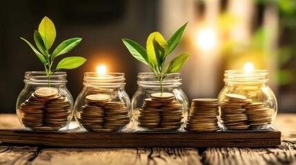 Growing Investments: Coins and Plants in Jars Showcasing Financial Growth and Sustainable Wealth