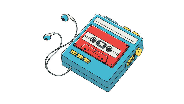 Blue vintage portable cassette tape player with red tape inside and white headphones represents eighties music and pop culture.