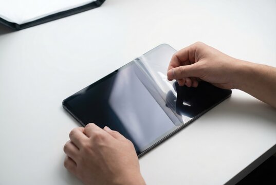 A person carefully aligning a large screen protector onto a digital tablet on a white table.