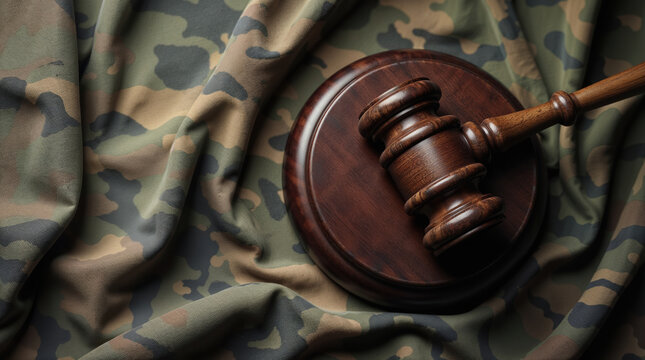 Judge gavel on military camouflage fabric in court