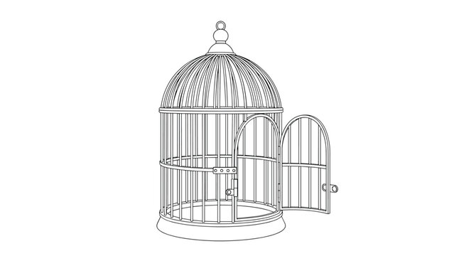 Vintage ornate birdcage line drawing with an open door for freedom, escape, and bird care concepts on plain white background.