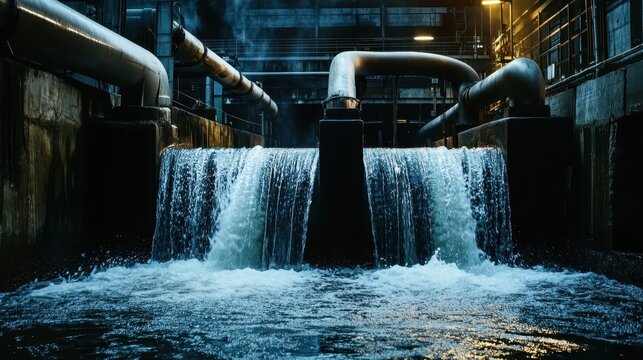 Industrial pipes discharging treated sewage water into a city harbor under dim, dynamic lighting