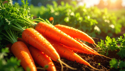 Freshly picked organic carrots with vibrant green tops lie on rich garden soil, bathed in the warm glow of morning sunlight, ready for a healthy meal.