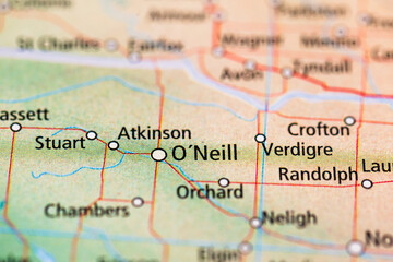 Detailed road map showing O Neill and surrounding towns in Nebraska.