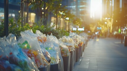 Overfilled shopping bags lining city street at dusk, showcasing the visual impact of excessive consumerism and waste management challenges.