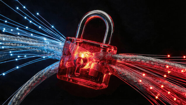 Ruby Glass Padlock Clamping Fiber Optic Data Cables in Low-Key Light