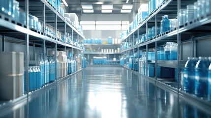 Organized warehouse aisle with brightly lit blue and white products on extensive shelving systems.