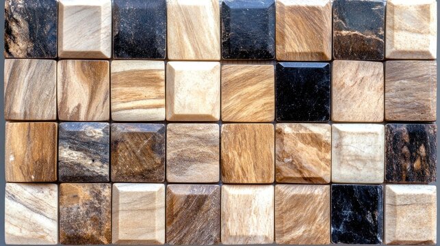 Decorative mosaic wall of polished square tiles with natural stone and marble patterns.