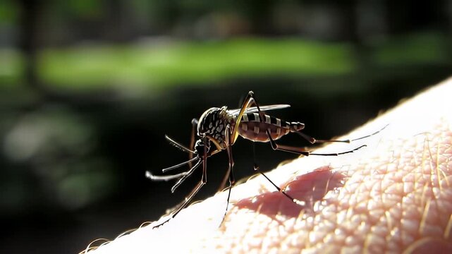Close-up of a mosquito perched on human skin illuminated by dramatic lighting against a dark background a macro view highlighting insect detail and potential disease transmission